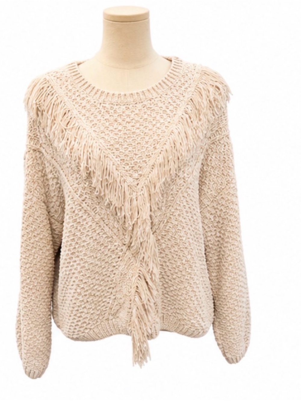 En Crème Fringe Chenille Sweater Beige Cream M/L Boho Cozy Textured Knit